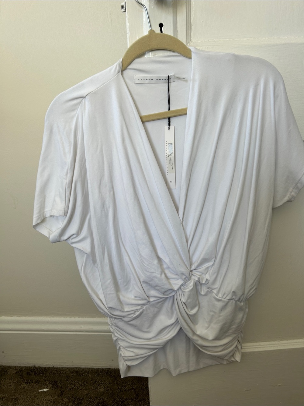 Susana Monaco White Knot-Front Draped V-Neck Top